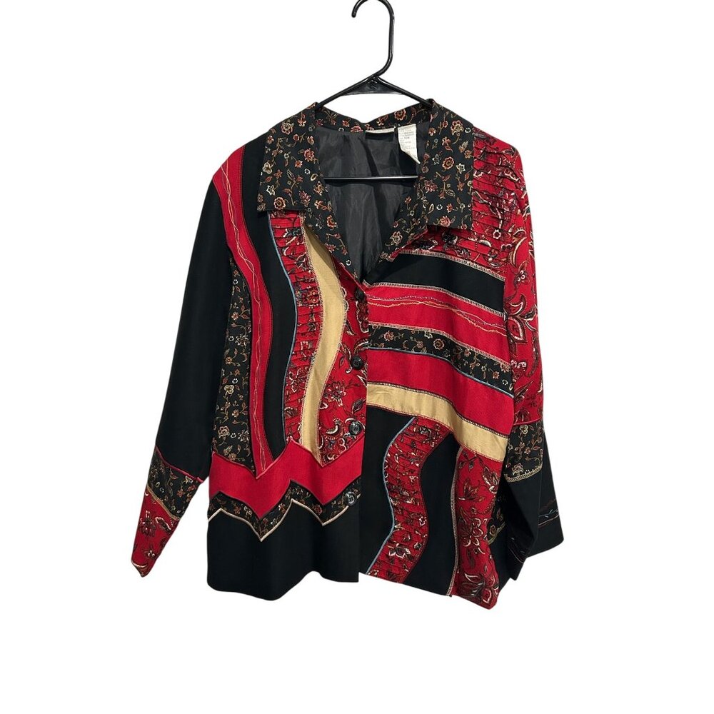 Vintage Koret Floral Patchwork Shirt Red Black Sz 18W Button Up Bohemian Artsy